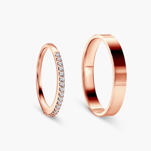 Obrączki Share Your Love: różowe złoto, biały szafir, płaskie, 1,5 mm i 3 mm